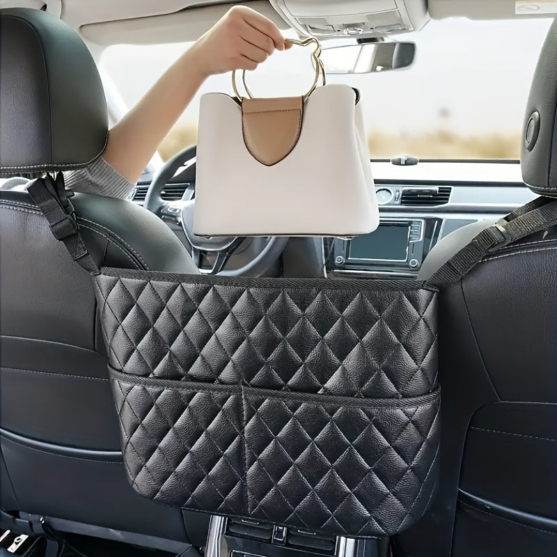 Car Purse Handbag Holder Between Seats, Leather Car Seat Back Organizer With 3 Pockets, LarCapacity StoraBag