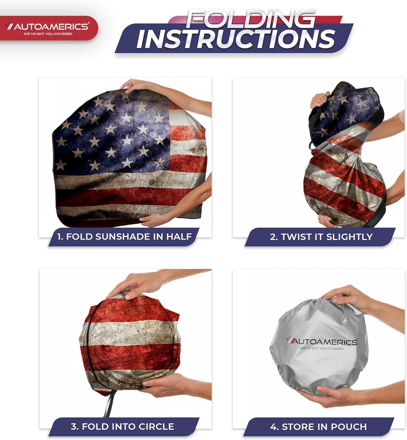Autoamerics 1-Piece Windshield Sun Shade Grunge American Flag - 2 USA  - Foldable Car Front Window Sunshade for Most Sedans SUV Truck - Blocks Max UV Rays and Keeps Your Vehicle Cool - X-Large