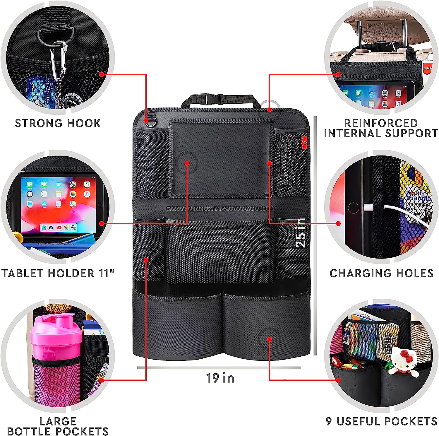 Helteko Backseat Car Organizer, Kick Mats Back Seat Protector with Touch Screen Tablet Holder, Car Back Seat Organizer for Kids, Car Travel Accessories, Kick Mat with 9 Storage Pockets 2 Pack, Black
