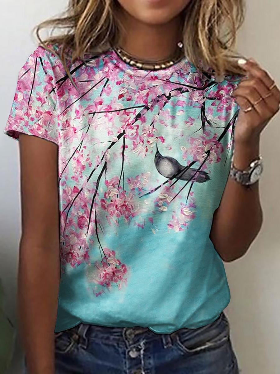 Round Neck Casual Floral Print Short-Sleeved T-Shirt