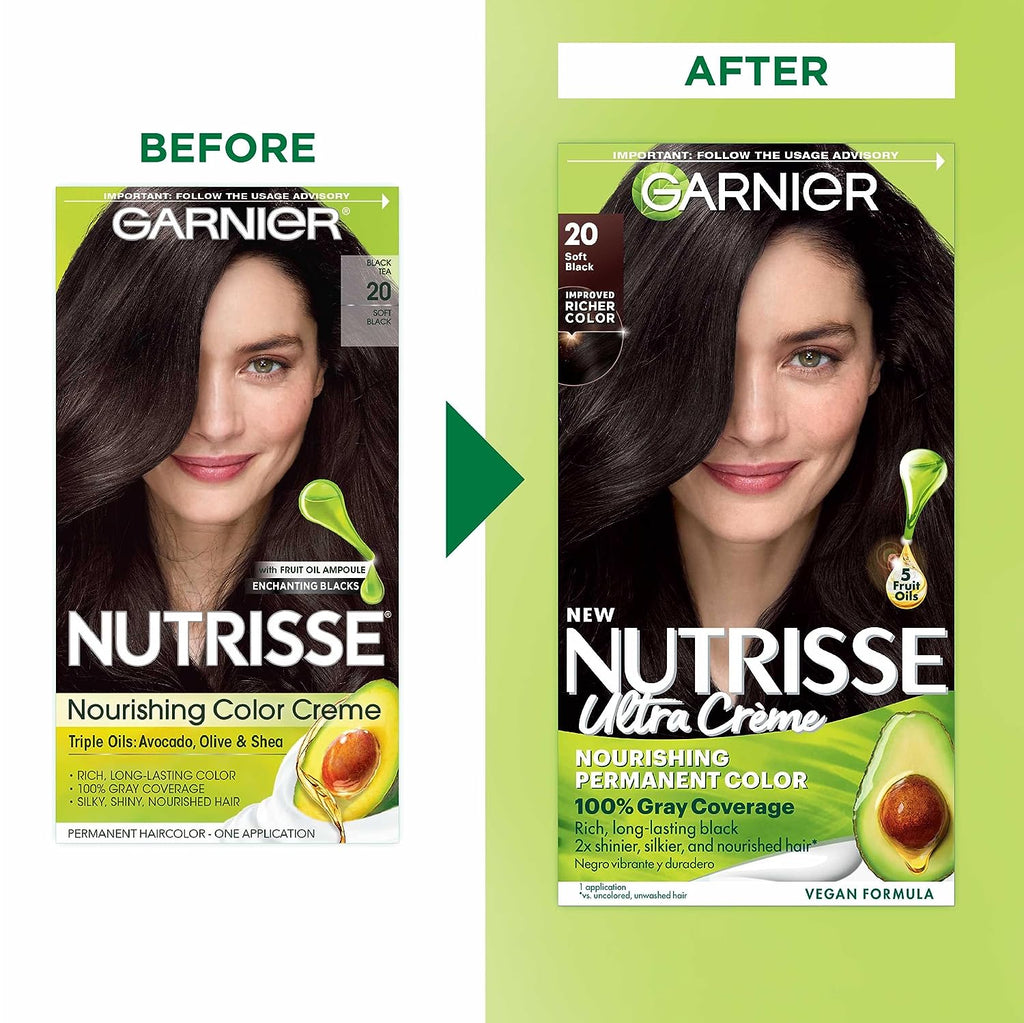 Garnier Hair Color Nutrisse Nourishing Creme, 20 Soft Black (Black Tea) Permanent Hair Dye, 2 Count (Packaging May Vary)