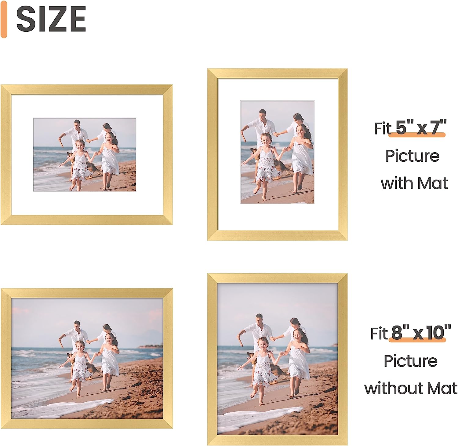 upsimples 8x10 Picture Frame Set of 5,Display Pictures 5x7 with Mat or 8x10 Without Mat,Wall Gallery Photo Frames, Gold