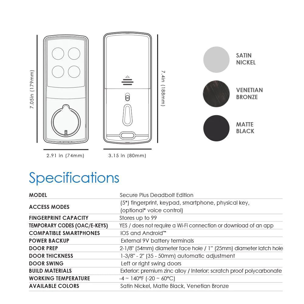 Secure Plus Matte Black Single-Cylinder Keypad Smart Alarmed Lock Deadbolt with Bluetooth, 3D Fingerprint Sensor