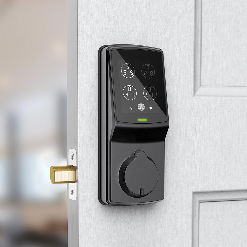 Secure Plus Matte Black Single-Cylinder Keypad Smart Alarmed Lock Deadbolt with Bluetooth, 3D Fingerprint Sensor