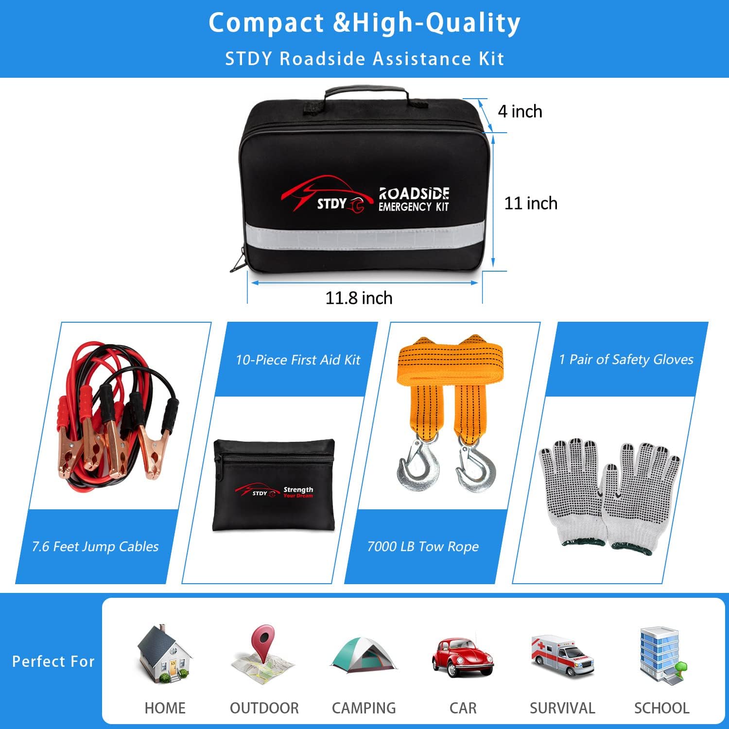 STDY Car Roadside Emergency Kit, Auto Vehicle Truck Safety Kit - with Jumper Cables, Car Repair Tool Set, Tow Rope, Reflective Triangle, etc