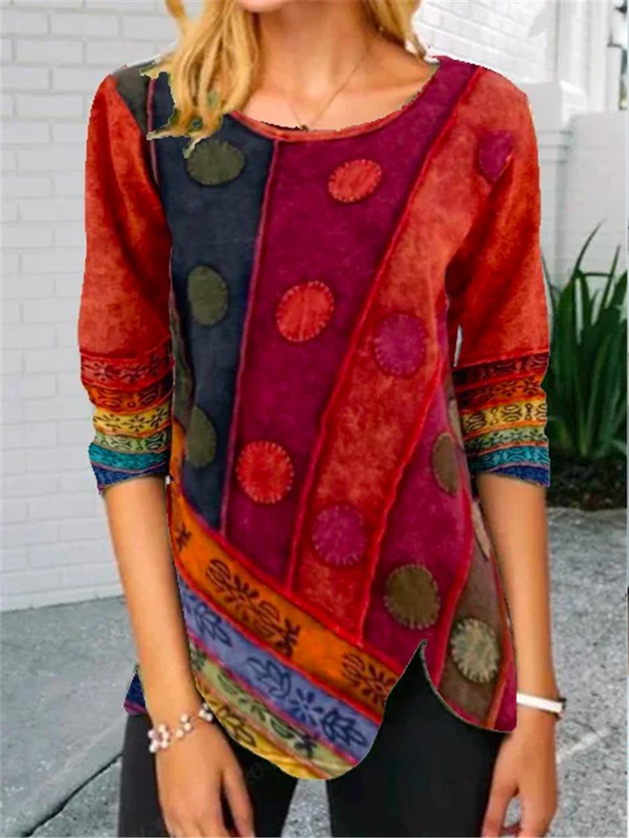 Stitching Printing Multicolor Printing Long-sleeved Casual T-shirt