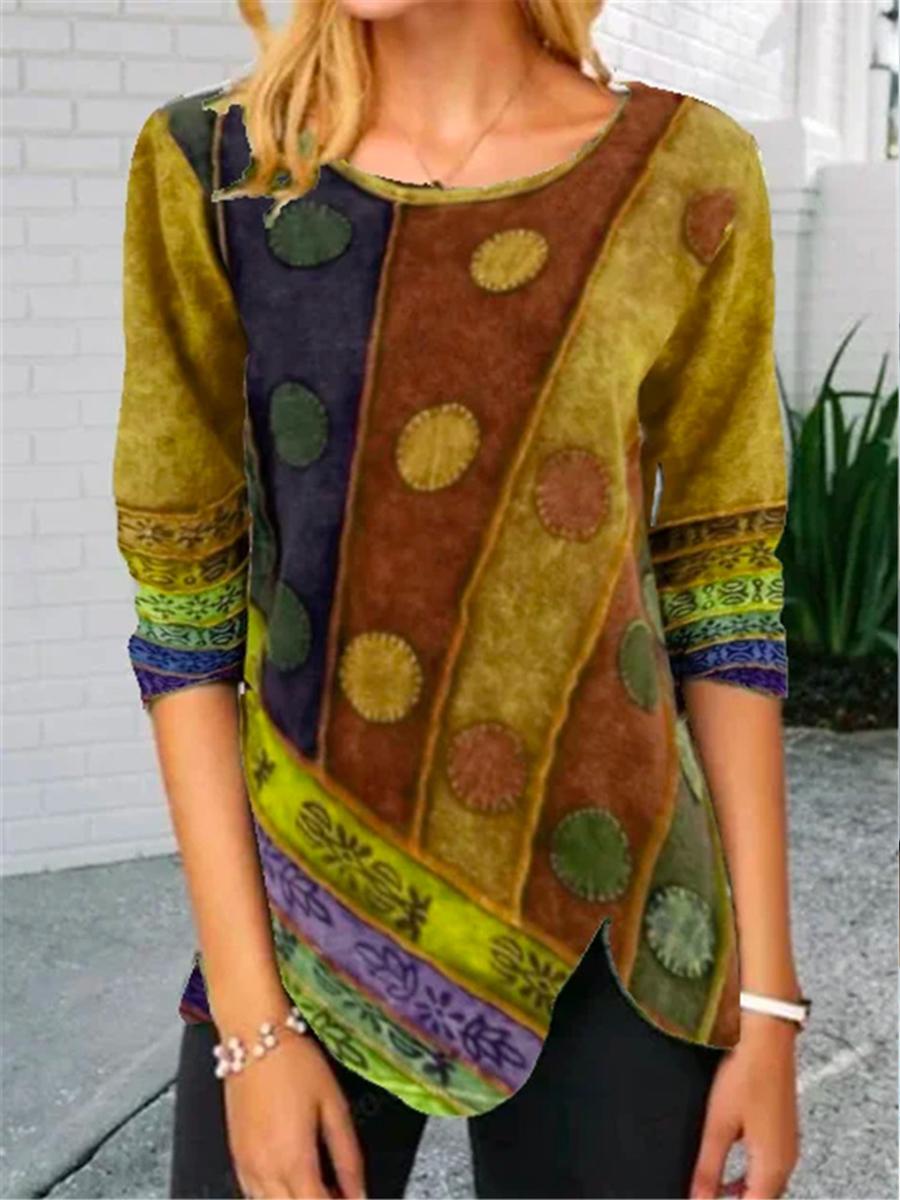 Stitching Printing Multicolor Printing Long-sleeved Casual T-shirt