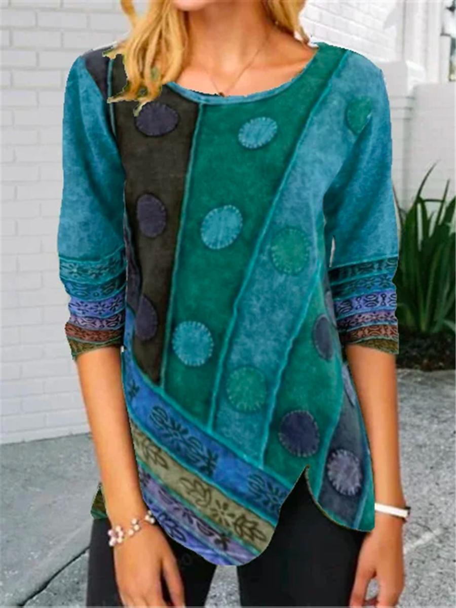 Stitching Printing Multicolor Printing Long-sleeved Casual T-shirt