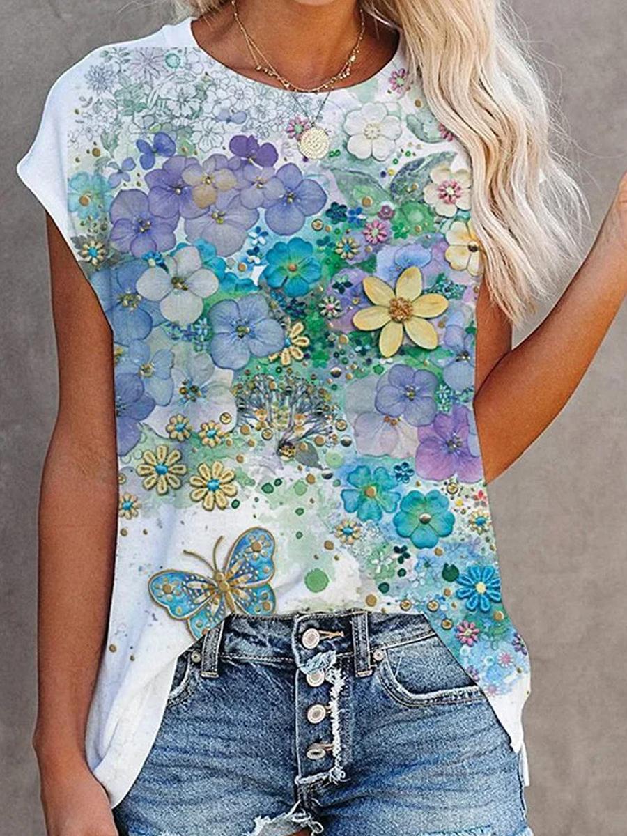 Casual Watercolor Floral Print Short-Sleeved T-Shirt