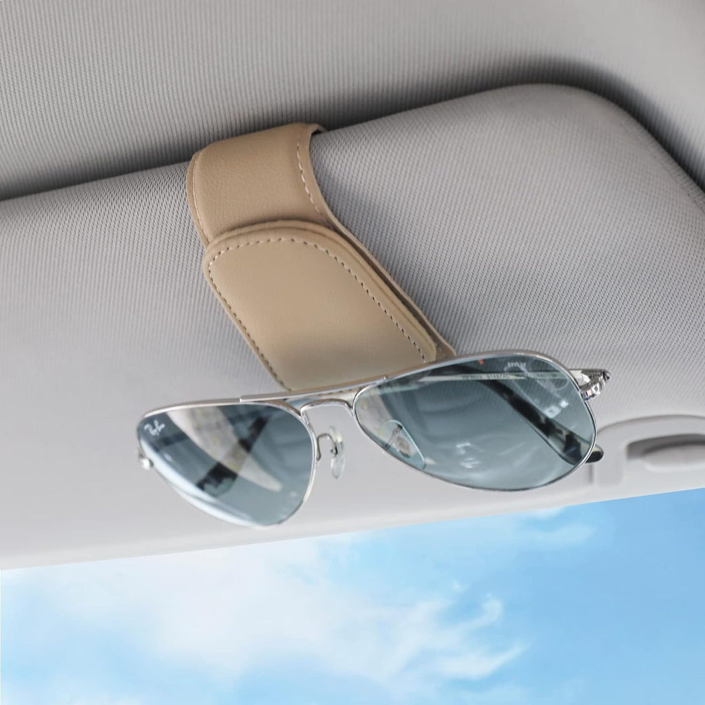 KanSmart Sunglass Holder for Car Visor Sunglasses Clip Magnetic Leather Glasses Eyeglass Holder Truck Car Interior Accessories Universal for Woman Man -Beige