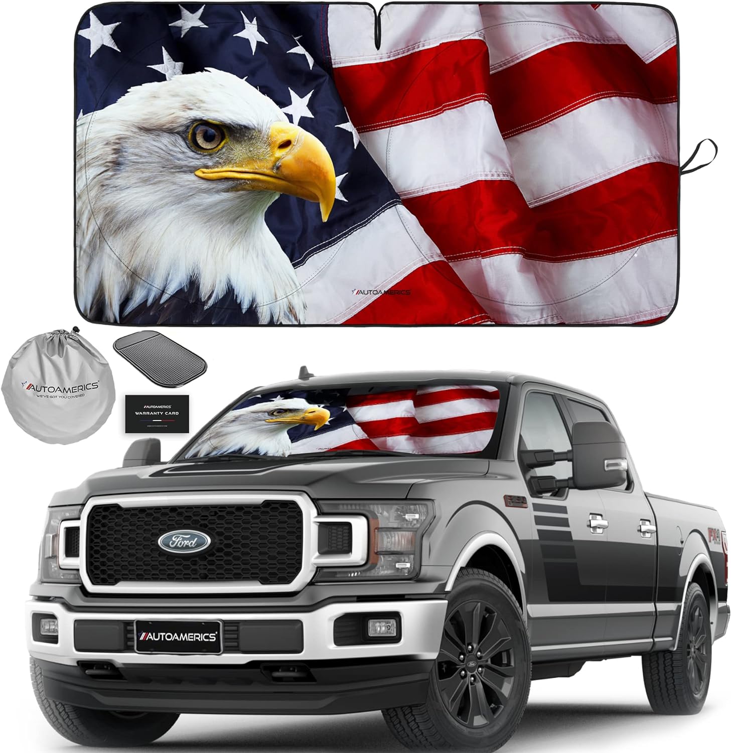 Autoamerics 1-Piece Windshield Sun Shade American Eagle Flag - 3 USA Patriotic  - Foldable Car Front Window Sunshade for Sedans SUV Truck - Blocks Max UV Rays and Keeps Your Vehicle Cool X-Large