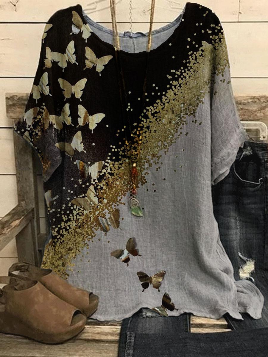 Round Neck Butterfly Bronzing Print Loose Blouse