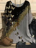 Round Neck Butterfly Bronzing Print Loose Blouse