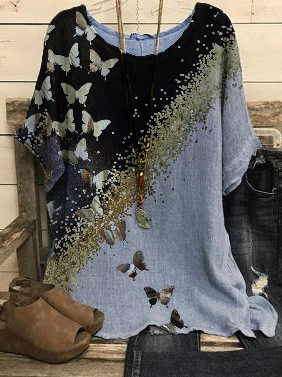 Round Neck Butterfly Bronzing Print Loose Blouse