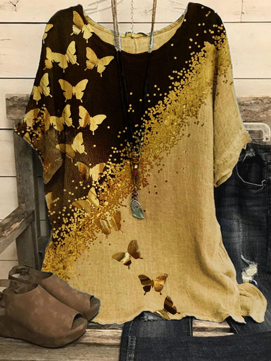 Round Neck Butterfly Bronzing Print Loose Blouse