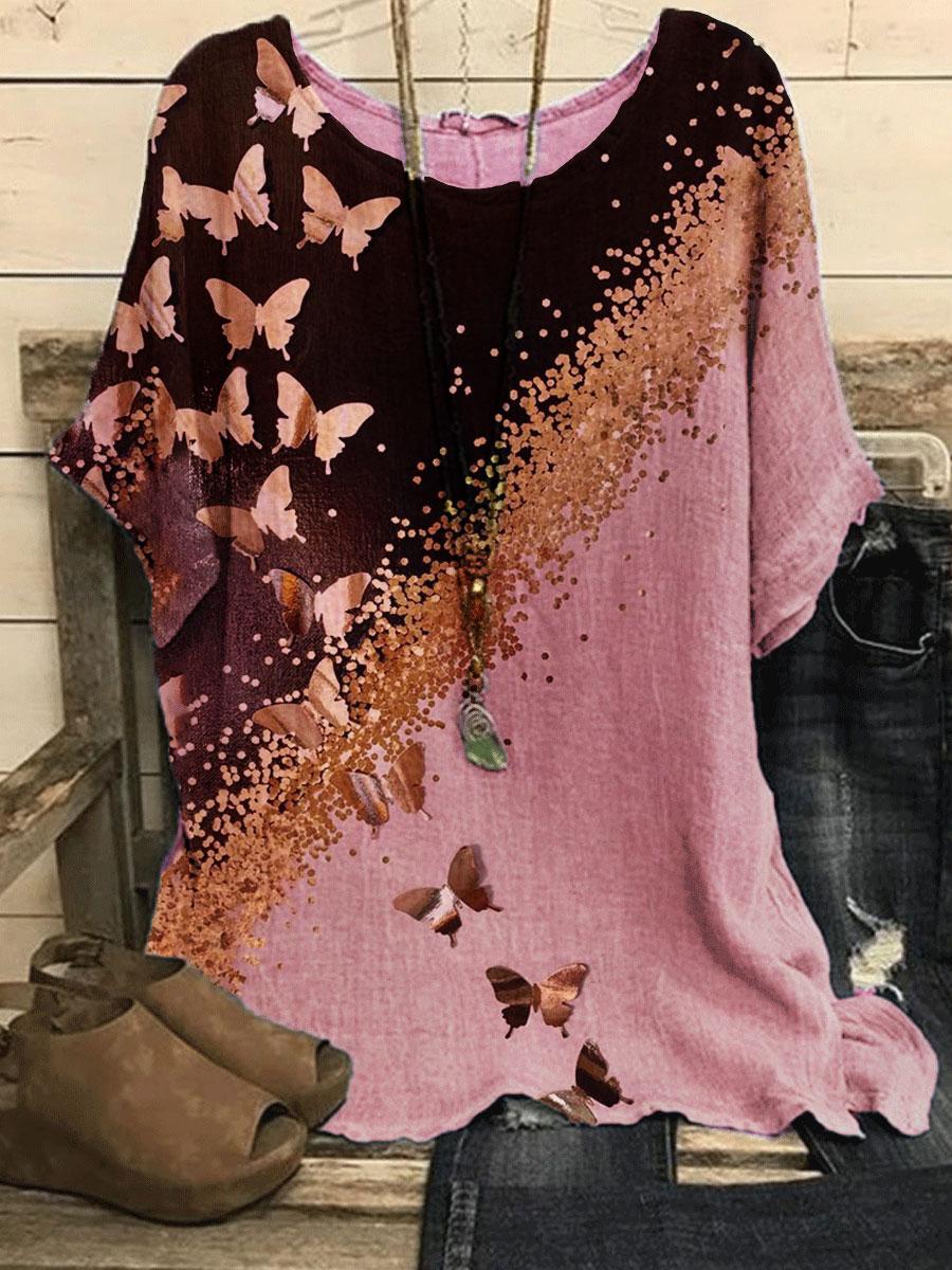 Round Neck Butterfly Bronzing Print Loose Blouse