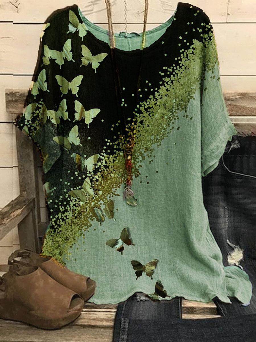 Round Neck Butterfly Bronzing Print Loose Blouse