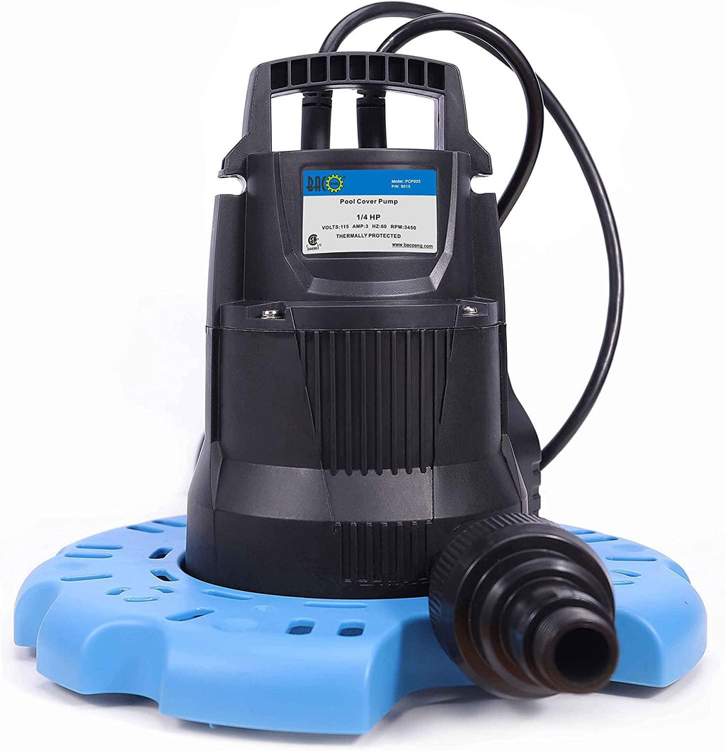 BACOENG Automatic Swimming Pool Cover Pump 2250GPH with Check Valve & Garden Hose Adapter, Wheels Attached, 25" Power Cord Submersible Water Pump for Pool Draining