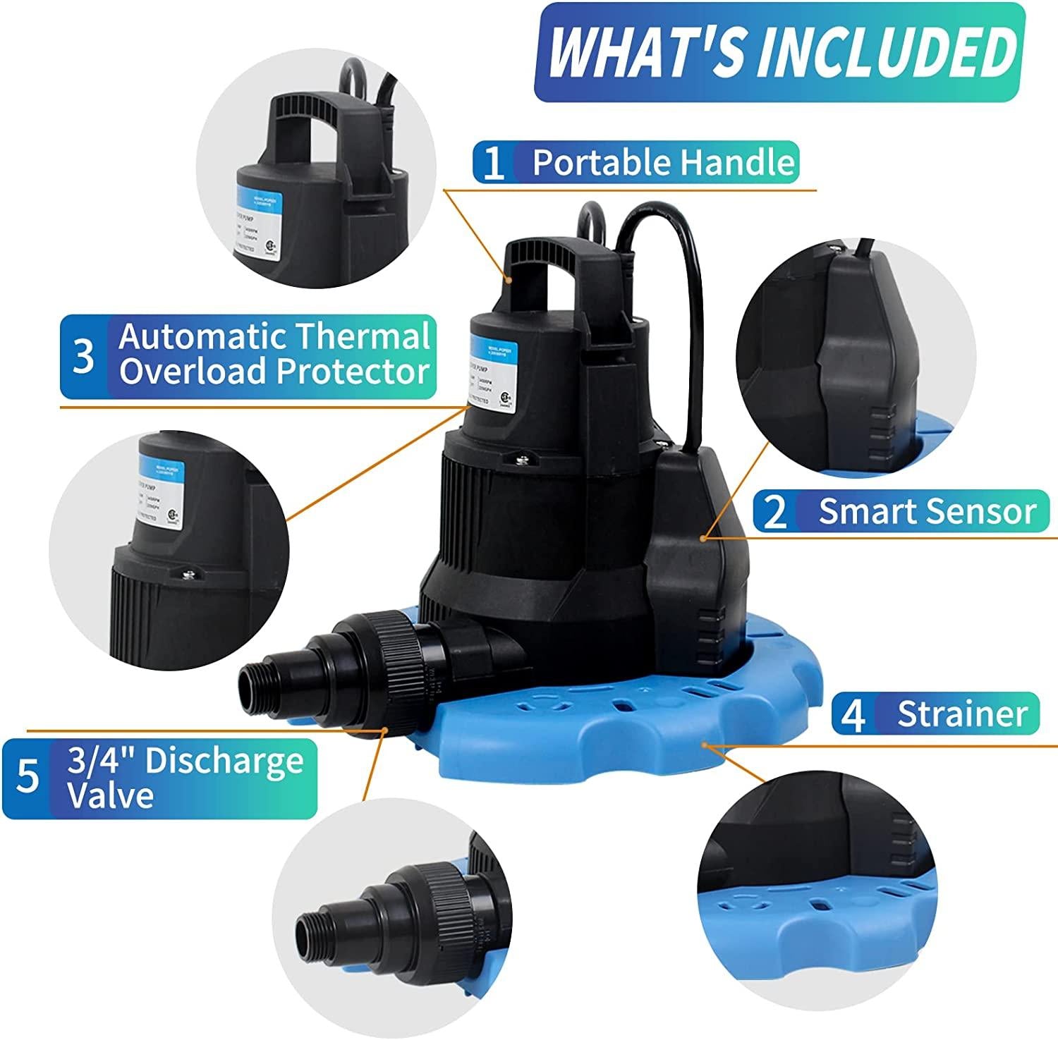 BACOENG Automatic Swimming Pool Cover Pump 2250GPH with Check Valve & Garden Hose Adapter, Wheels Attached, 25" Power Cord Submersible Water Pump for Pool Draining