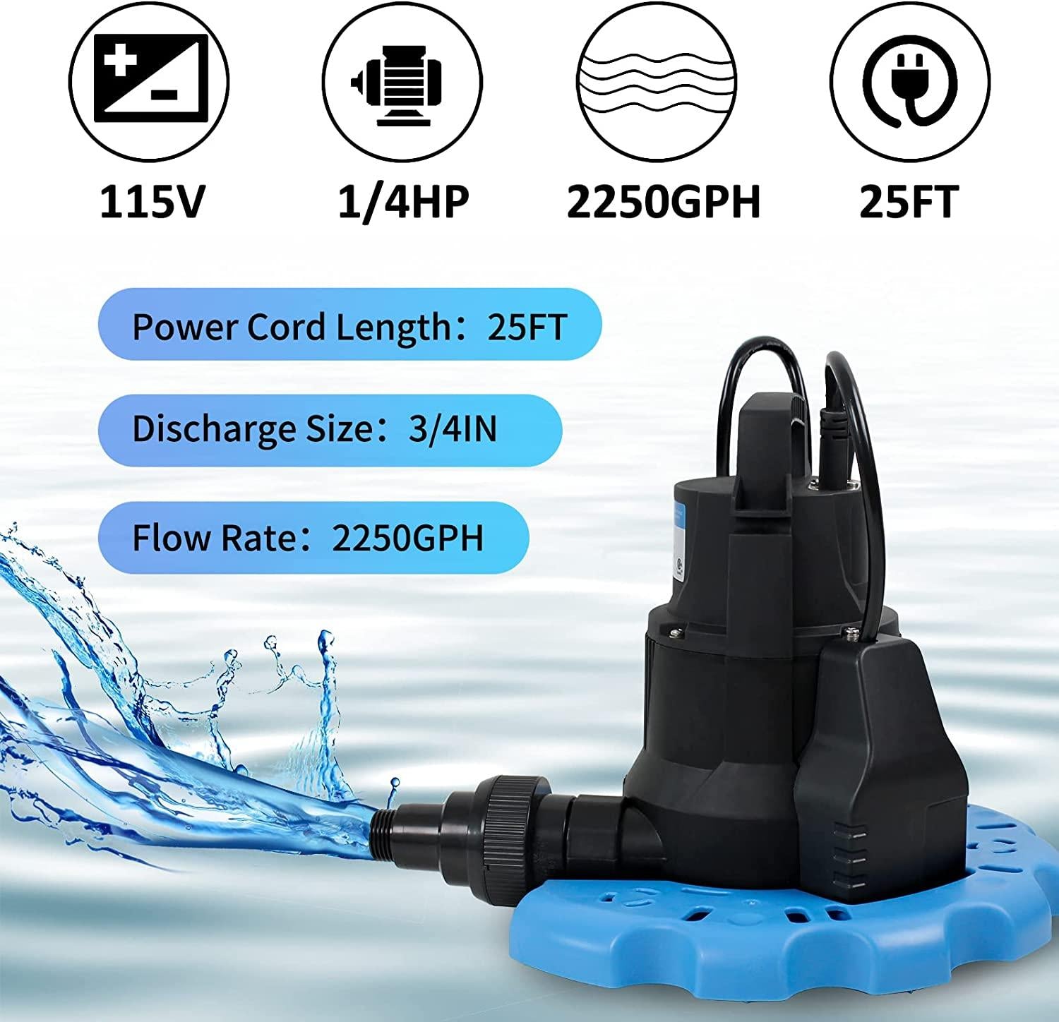 BACOENG Automatic Swimming Pool Cover Pump 2250GPH with Check Valve & Garden Hose Adapter, Wheels Attached, 25" Power Cord Submersible Water Pump for Pool Draining