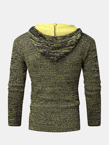 mens letter v-neck zip knit pullover casual drawstring hooded sweaters