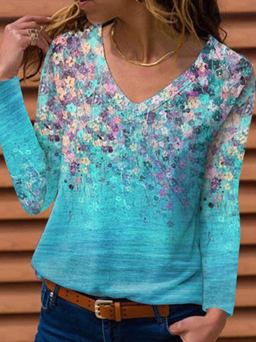 V-neck Floral Print Loose Casual Long Sleeve T-shirt