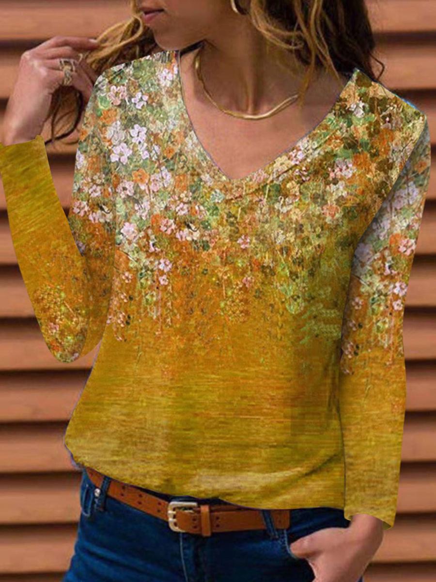 V-neck Floral Print Loose Casual Long Sleeve T-shirt