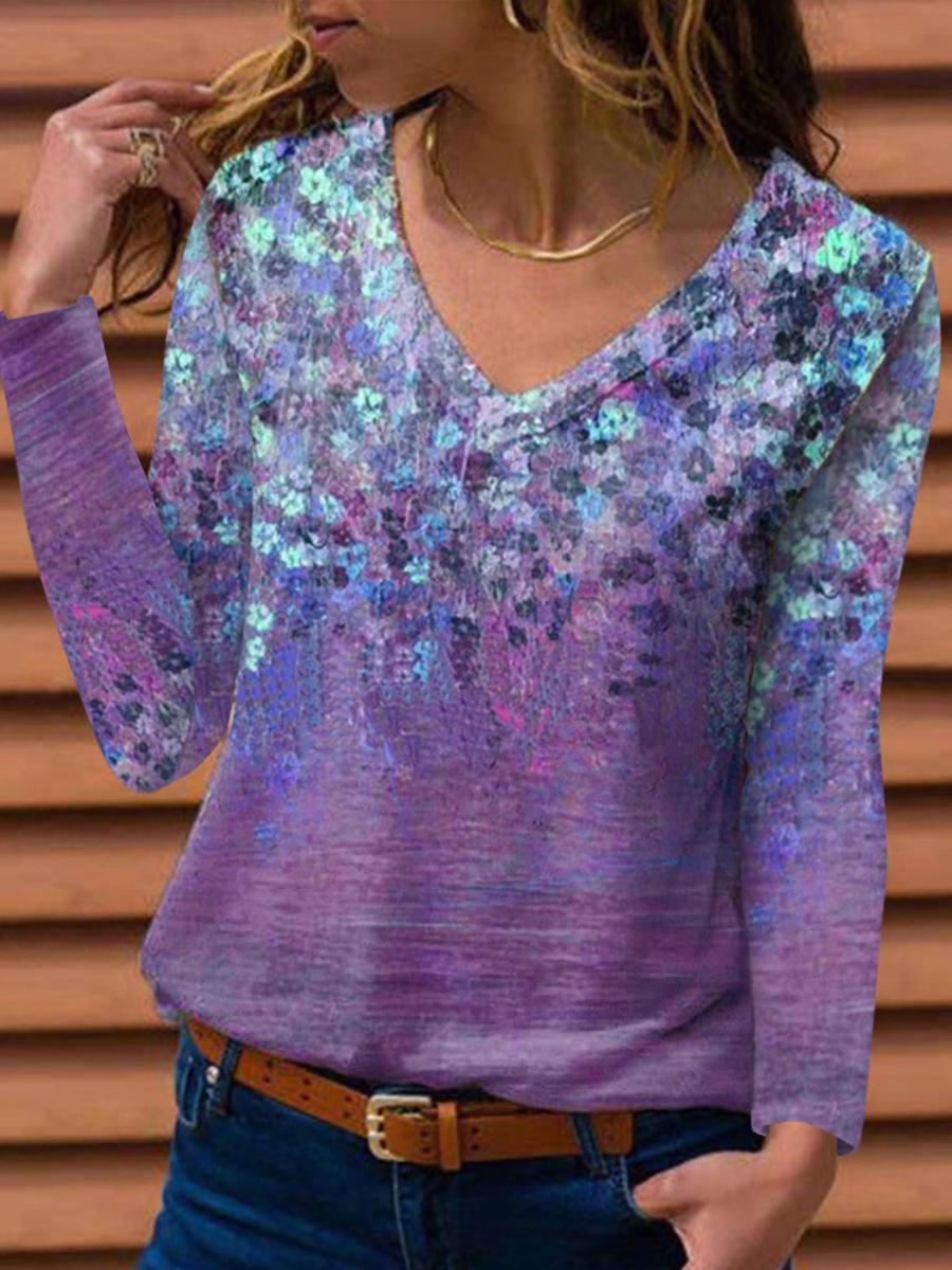 V-neck Floral Print Loose Casual Long Sleeve T-shirt