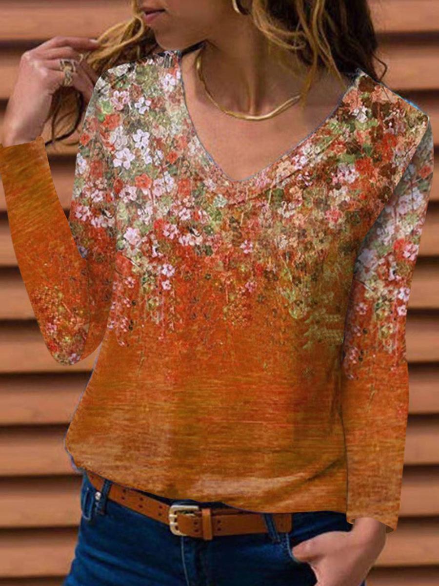 V-neck Floral Print Loose Casual Long Sleeve T-shirt