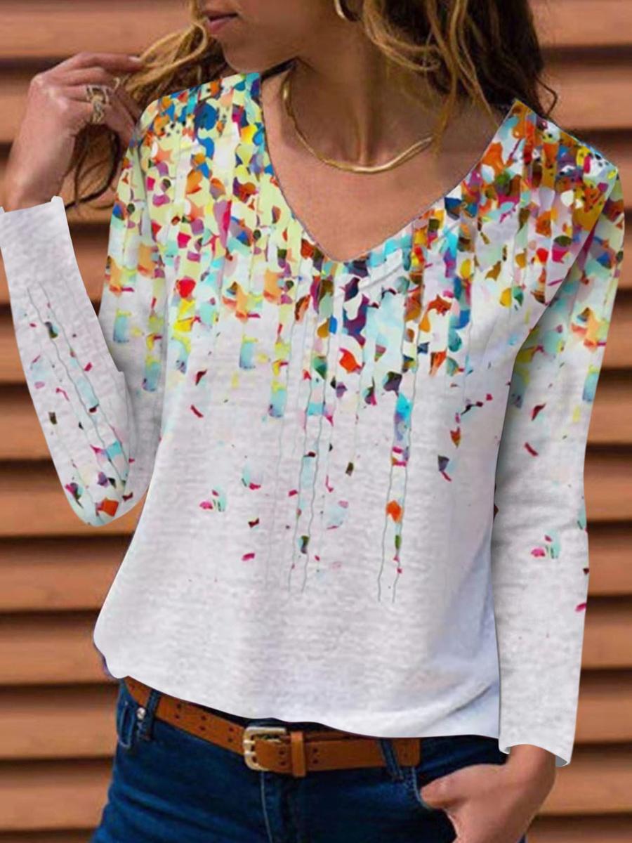 V-neck Floral Print Loose Casual Long Sleeve T-shirt