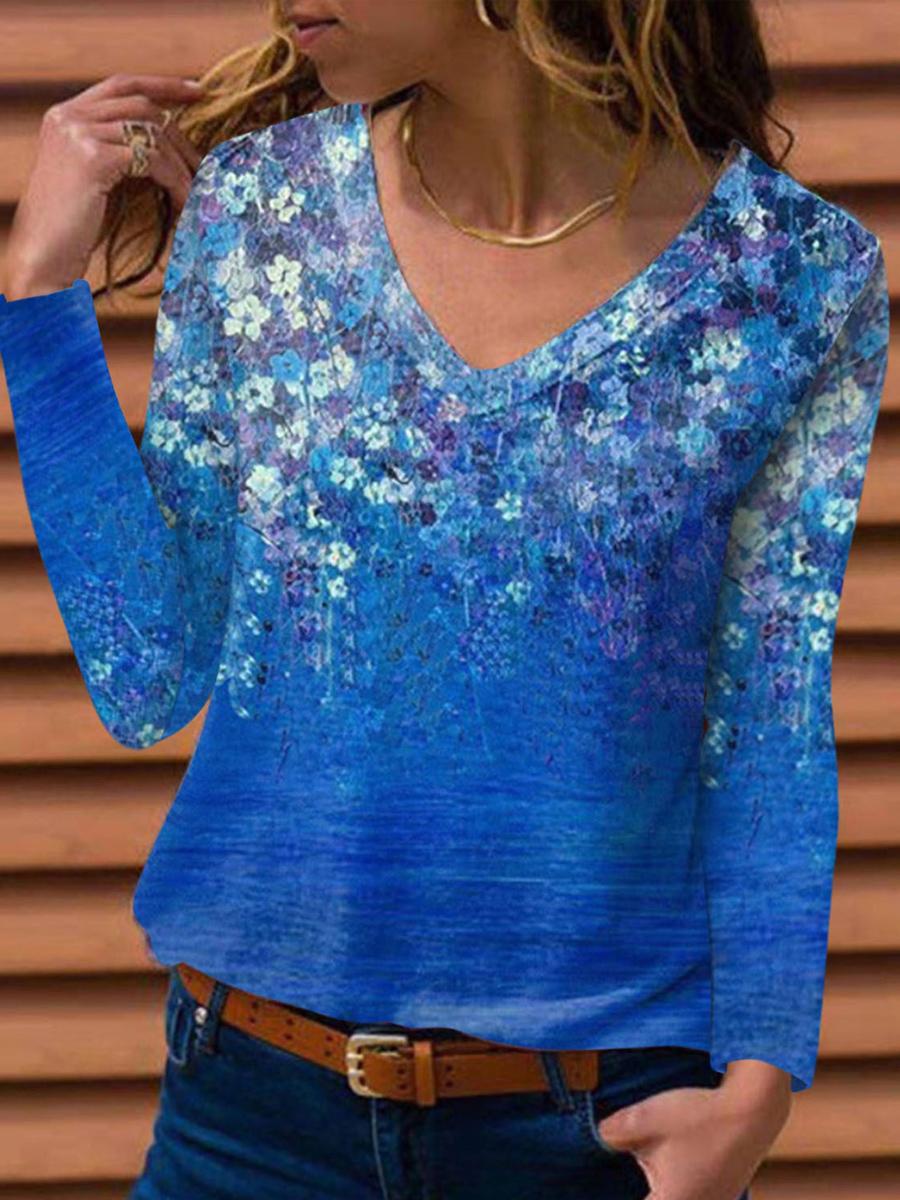 V-neck Floral Print Loose Casual Long Sleeve T-shirt