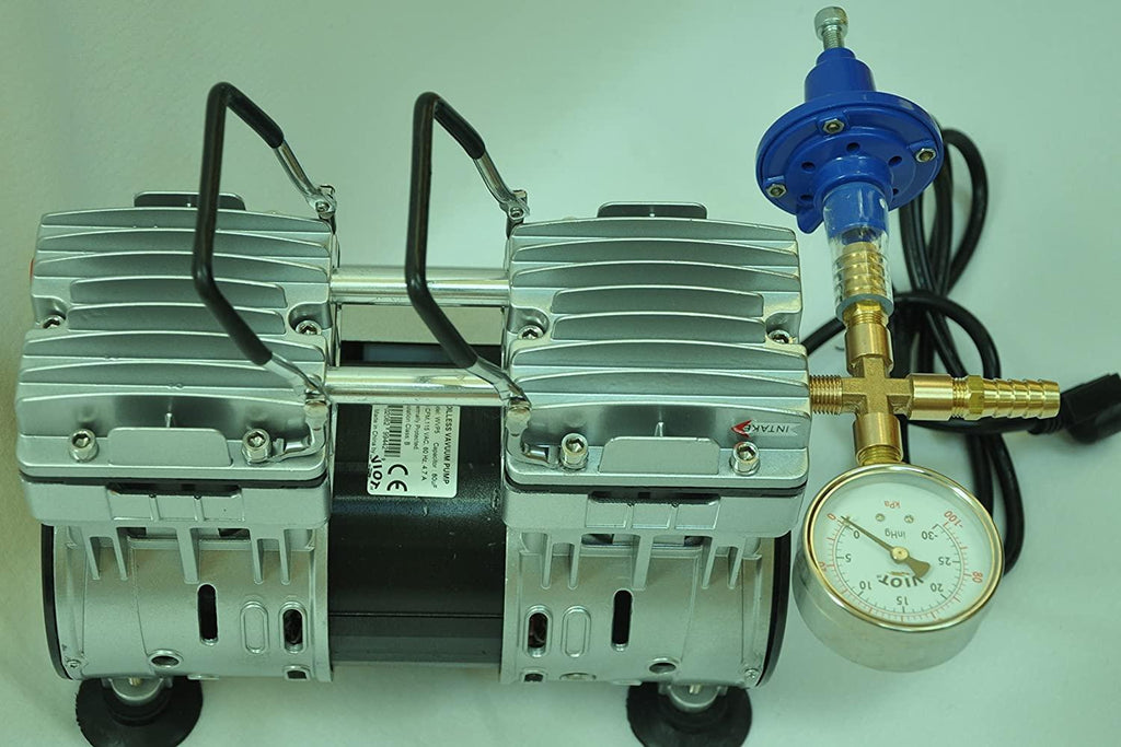 Controlled Twin Piston Oil-Less Vacuum Pump 5.5CFM 3/4HP Regulator/GauHardware Kit Pressure Control Oil- Clean No Oil Mist