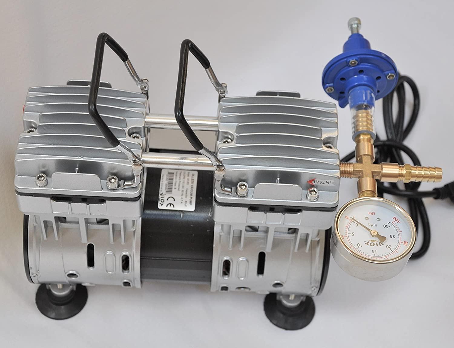 Controlled Twin Piston Oil-Less Vacuum Pump 5.5CFM 3/4HP Regulator/GauHardware Kit Pressure Control Oil- Clean No Oil Mist