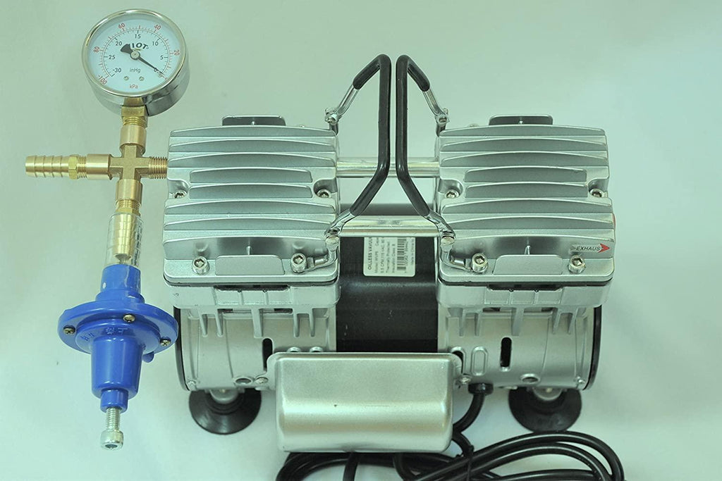 Controlled Twin Piston Oil-Less Vacuum Pump 5.5CFM 3/4HP Regulator/GauHardware Kit Pressure Control Oil- Clean No Oil Mist