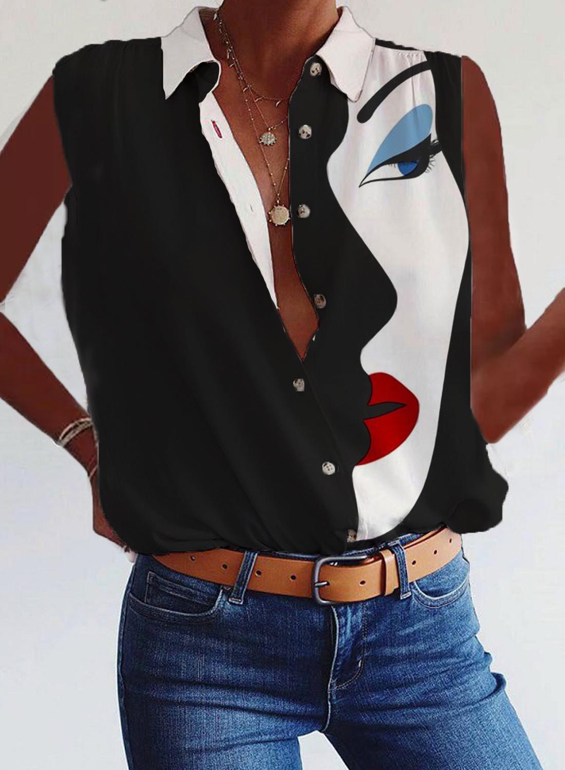 Fashion Art Print Button-up Sleeveless Blouse