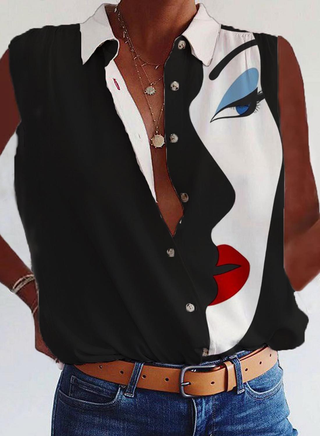 Fashion Art Print Button-up Sleeveless Blouse