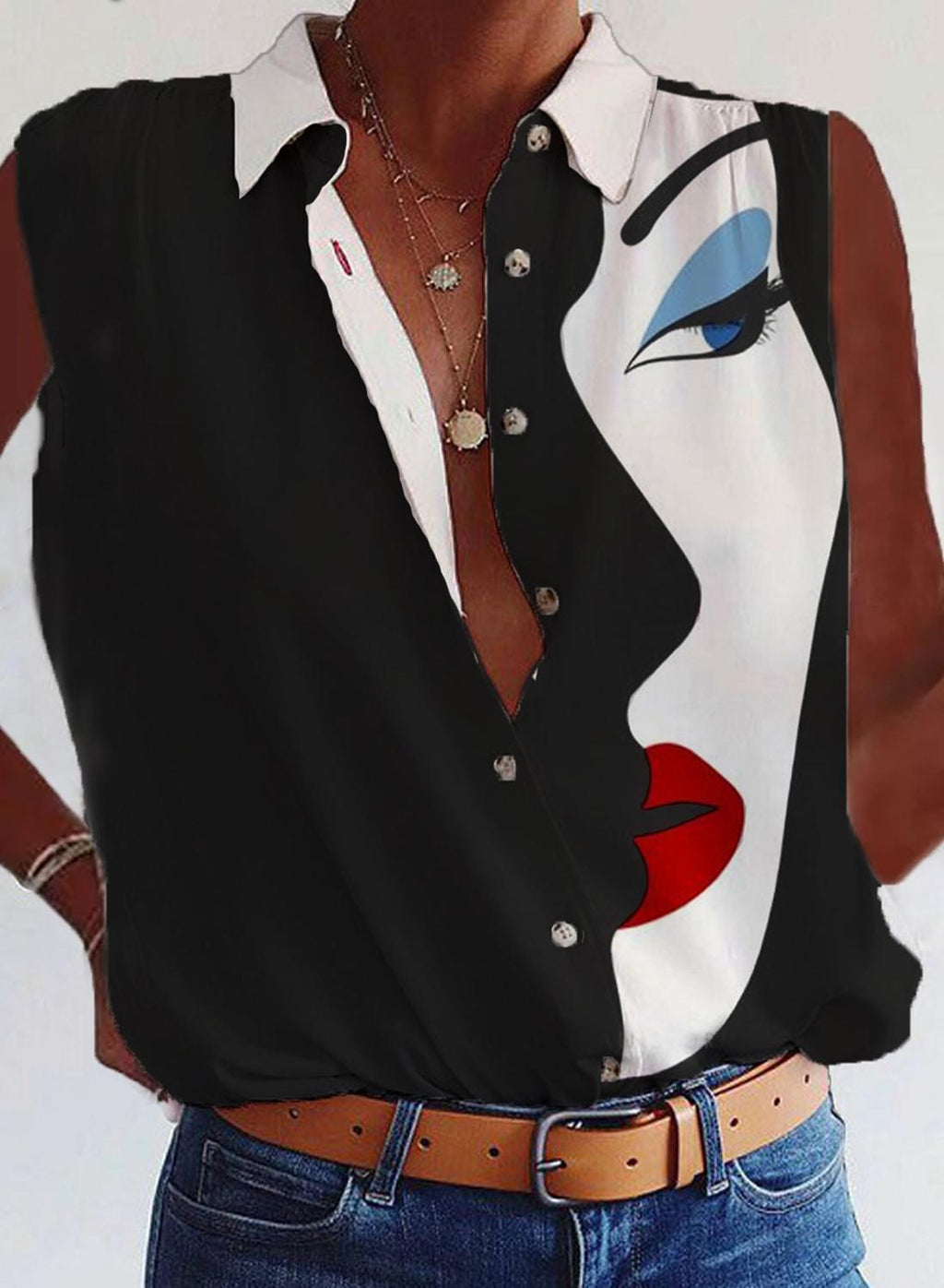 Fashion Art Print Button-up Sleeveless Blouse