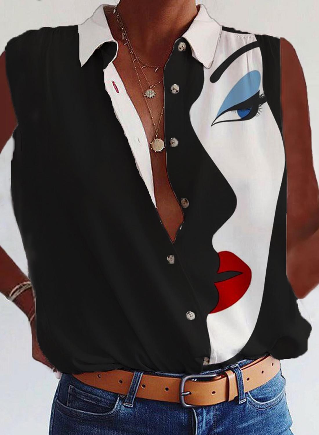 Fashion Art Print Button-up Sleeveless Blouse