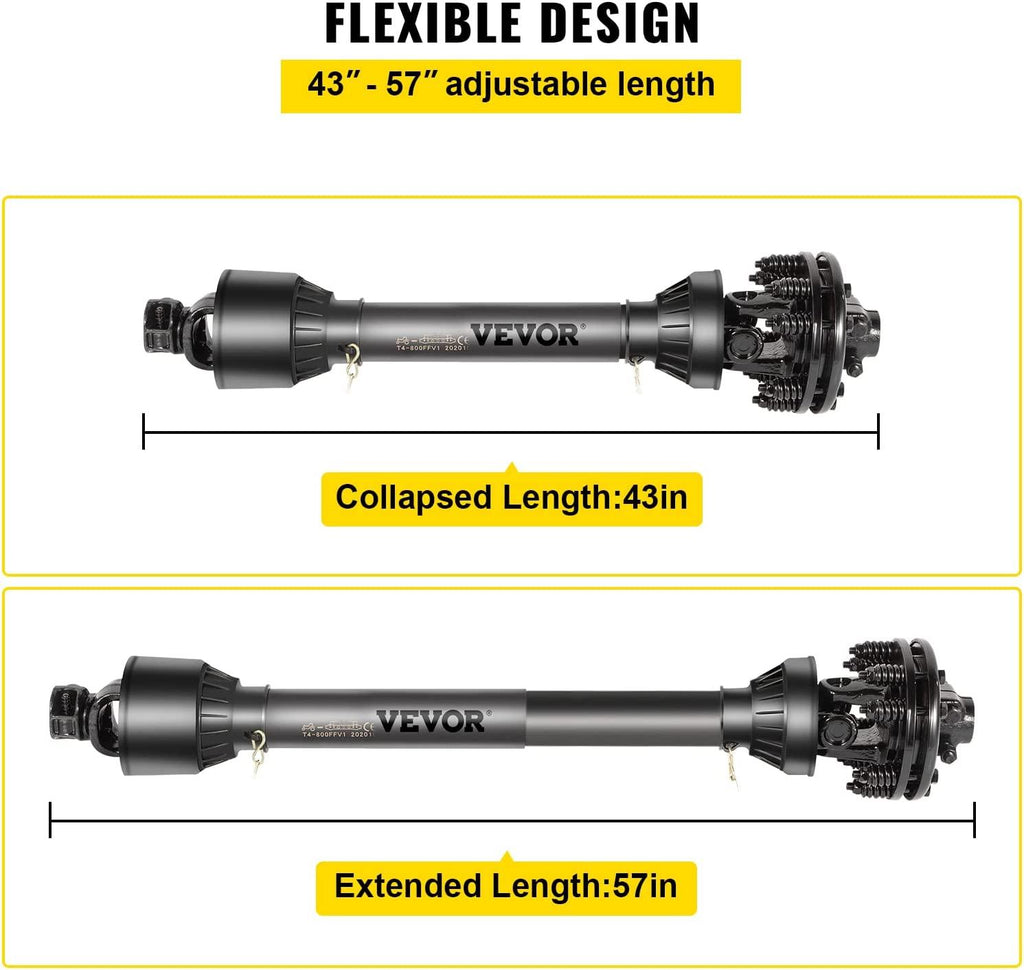 PTO Shaft, 1-3/8" PTO Drive Shaft, 6 Spline Both Ends PTO Driveline Shaft, Series 5 Tractor PTO Shaft, 43"-57" Brush Hog PTO Shaft, Black PTO Shaft w/Slip Clutch for Bush Hog/Finish Mower