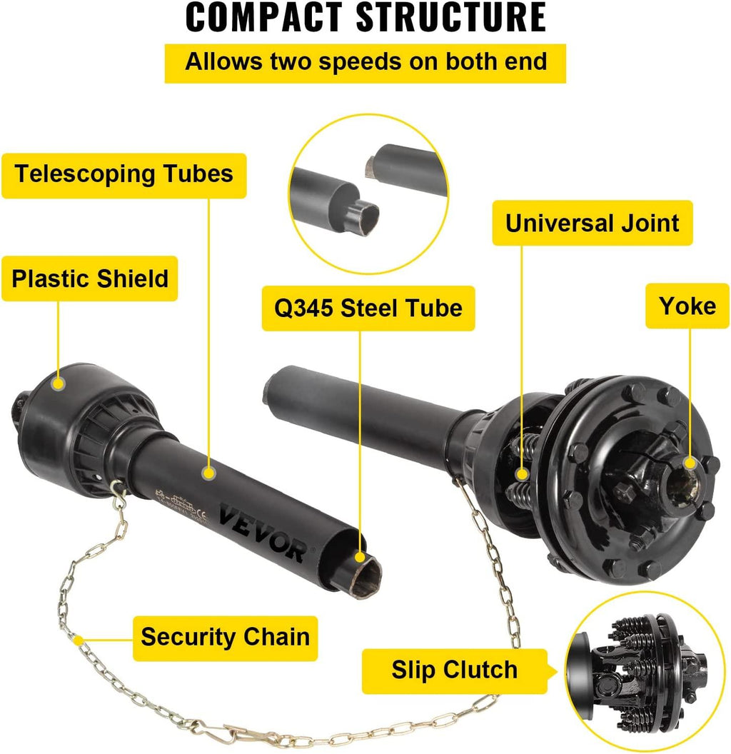 PTO Shaft, 1-3/8" PTO Drive Shaft, 6 Spline Both Ends PTO Driveline Shaft, Series 5 Tractor PTO Shaft, 43"-57" Brush Hog PTO Shaft, Black PTO Shaft w/Slip Clutch for Bush Hog/Finish Mower
