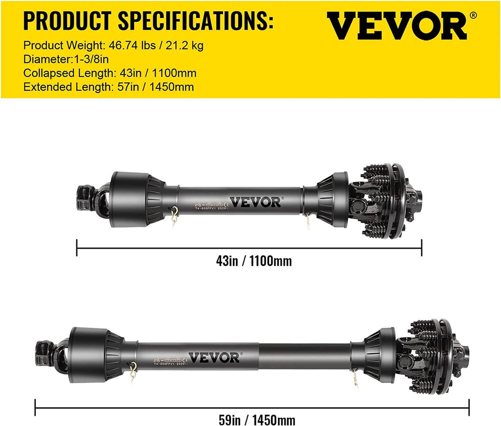 PTO Shaft, 1-3/8" PTO Drive Shaft, 6 Spline Both Ends PTO Driveline Shaft, Series 5 Tractor PTO Shaft, 43"-57" Brush Hog PTO Shaft, Black PTO Shaft w/Slip Clutch for Bush Hog/Finish Mower