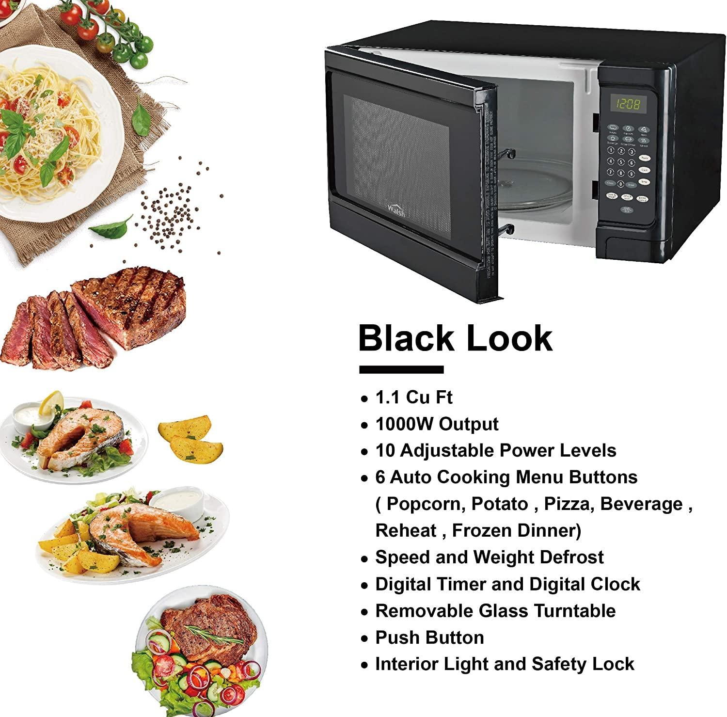 Walsh WSCMS311BK-10 Countertop Microwave Oven, 6 CooPrograms LED Lighting Push Button, 1.1 Cu.Ft/1000W, Black
