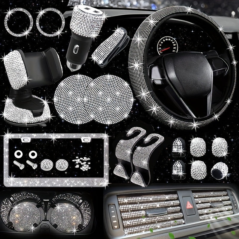 27pcs Bling Car Accessories Set For Women, Bling Steering Wheel Covers Universal Fit 15 Inch, Bling License Plate Frame,  Phone Holder, Car Coasters