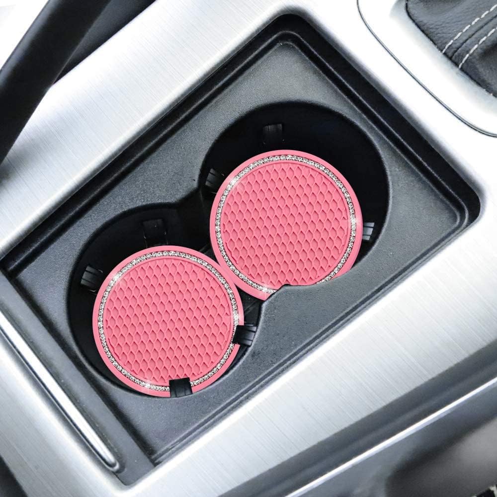 Bling Car Coasters Pink PVC Travel Auto Cup Holder Insert Coaster Anti Slip Crystal Vehicle Interior Accessories Cup Mats for Women and Girl (2.75" Diameter,Pack of 2) (Pink)