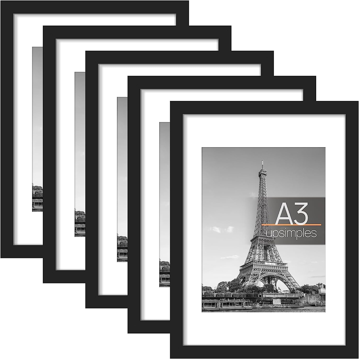 upsimples A3 Picture Frame Set of 5, Display Pictures 8.3x11.7 with Mat or 11.7x16.5 Without Mat, Wall Gallery Poster Frames, Black