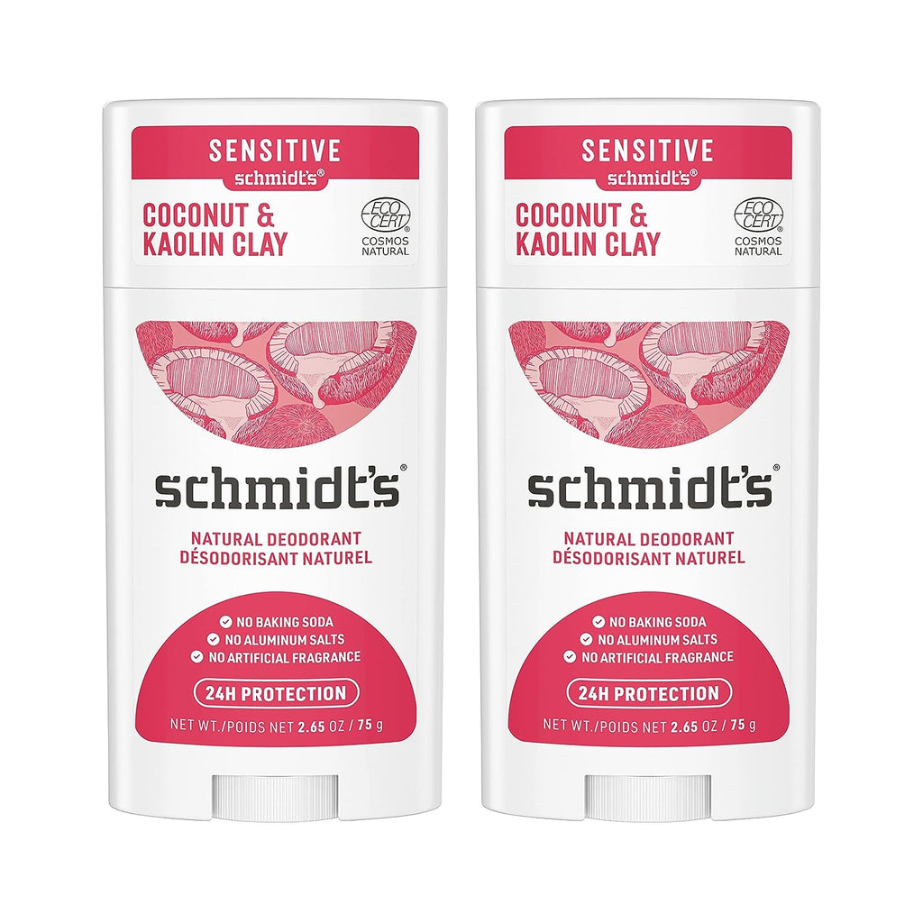 Schmidt's Aluminum Free Natural Deodorant For Women And Men, Coconut &amp; Kaolin Clay With 24 Hour Odor Protection, Certified Natural, Cruelty Free, Vegan Deodorant 2.65oz 2 Pack