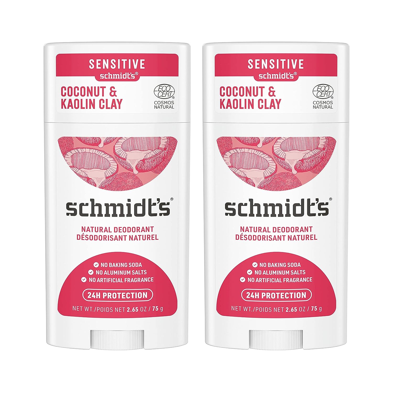 Schmidt's Aluminum Free Natural Deodorant For Women And Men, Coconut &amp; Kaolin Clay With 24 Hour Odor Protection, Certified Natural, Cruelty Free, Vegan Deodorant 2.65oz 2 Pack