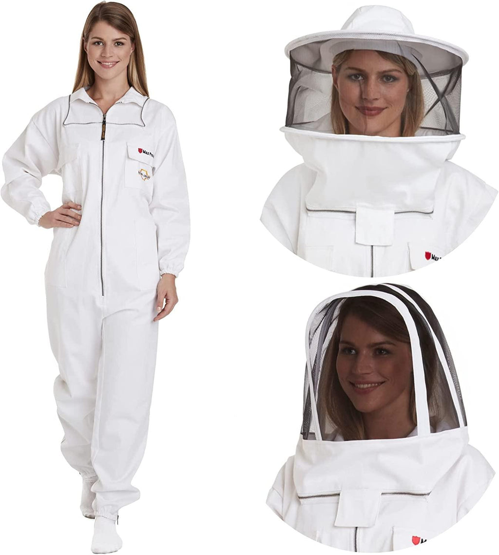 Natural Apiary Max Pro Cotton Suit Includes 2 x Non-Flammable Veils (Round & Fencing) Maximum Sting Protection for Professional & Beginner Beekeepers, X Small, White