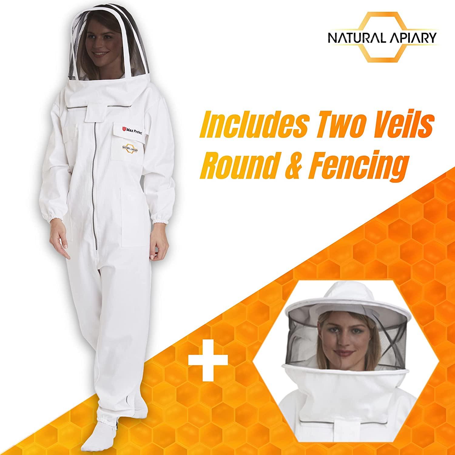 Natural Apiary Max Pro Cotton Suit Includes 2 x Non-Flammable Veils (Round & Fencing) Maximum Sting Protection for Professional & Beginner Beekeepers, X Small, White