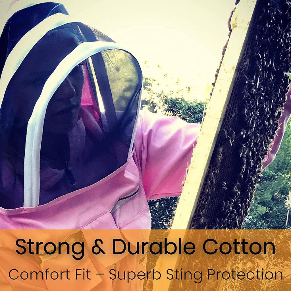 Natural Apiary Max Pro Cotton Suit Includes 2 x Non-Flammable Veils (Round & Fencing) Maximum Sting Protection for Professional & Beginner Beekeepers, X Small, White